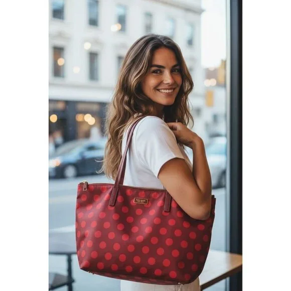 Kate Spade Red Polka Dot Tote Bag. - Picture 2 of 12